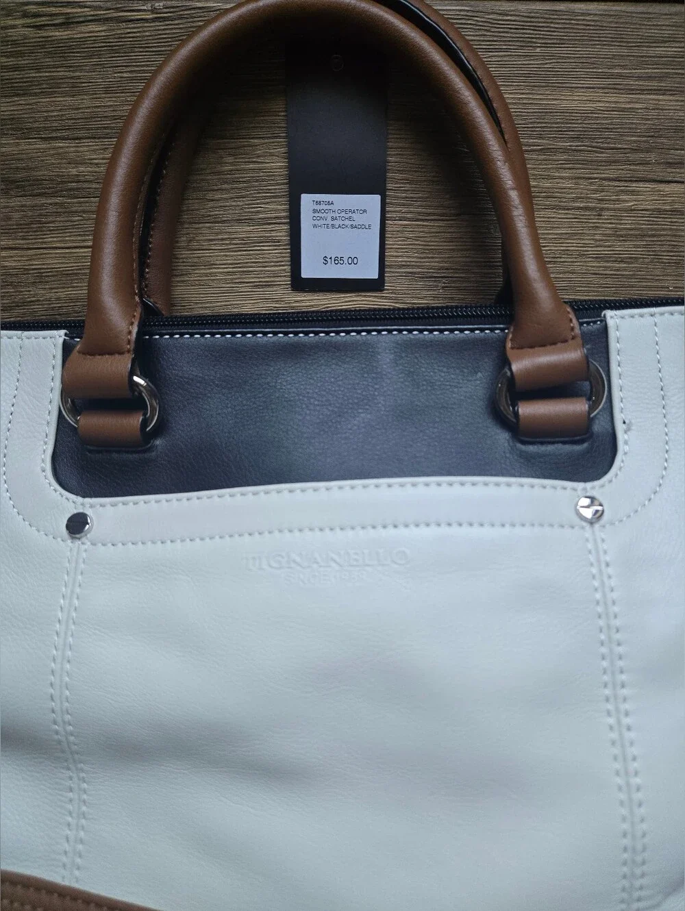 NWT Tignanello Colorblock 100% Leather Medium Satchel - White, Tan & Black - Picture 3 of 6